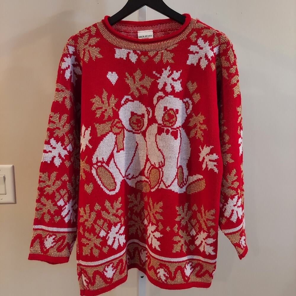 Vintage Bear Holiday Sweater Small Oversized 80s Long Length Tacky Metallic‎